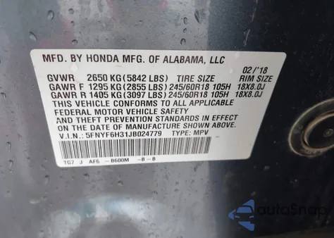 2018 Honda Pilot Ex z USA, uszkodzony, nr VIN 5FNYF6H31JB024779